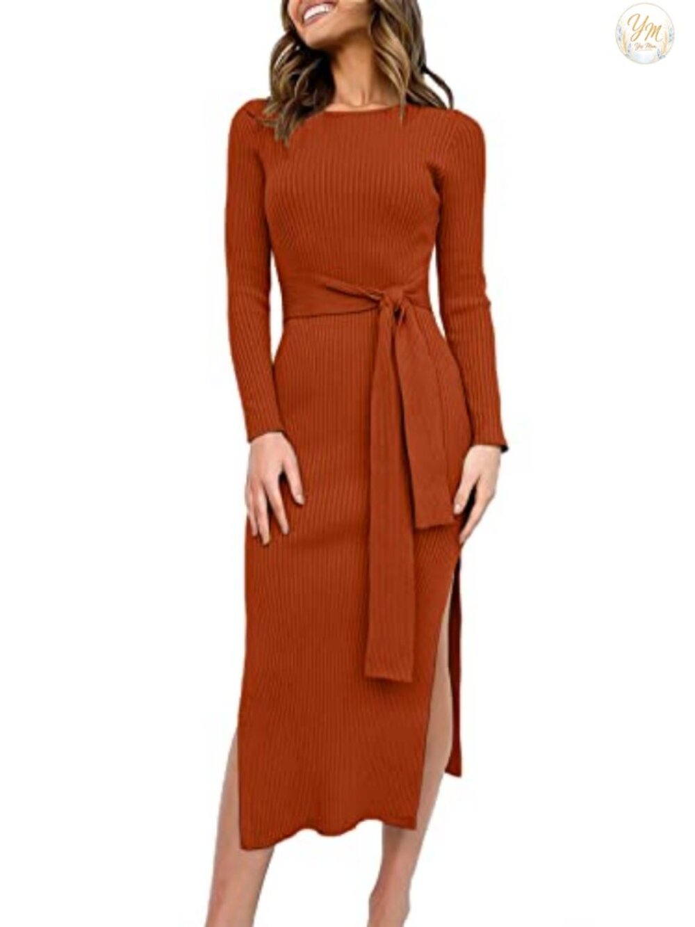 Women's Long Sleeve Bodycon Midi Sweater Dress with Self-Tie Belt